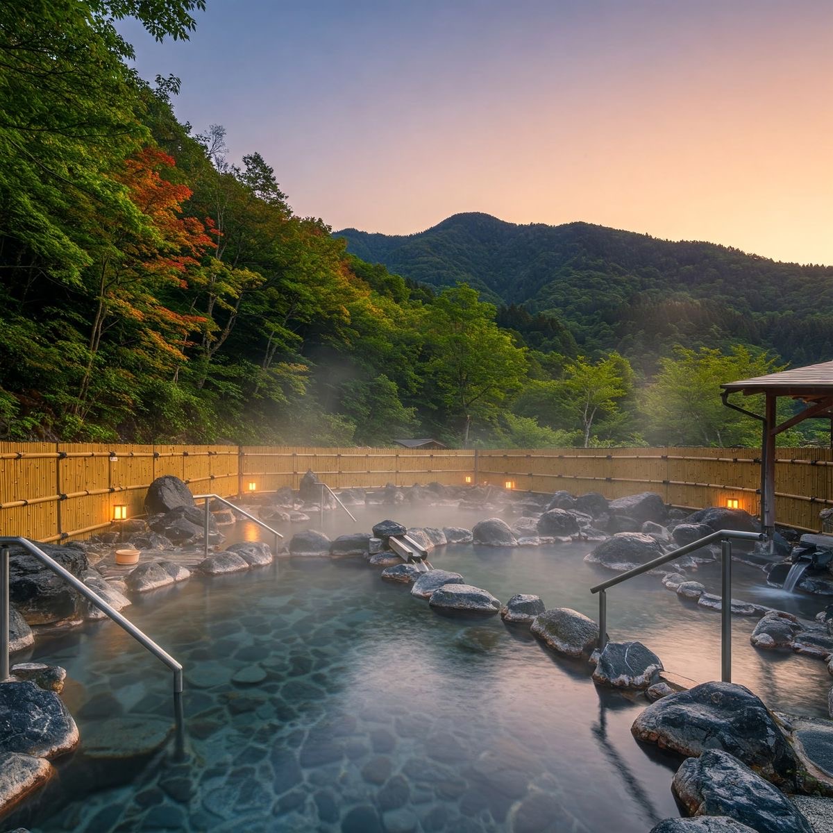 Steaming open-air onsen surrounded by bamboo fence and forest
