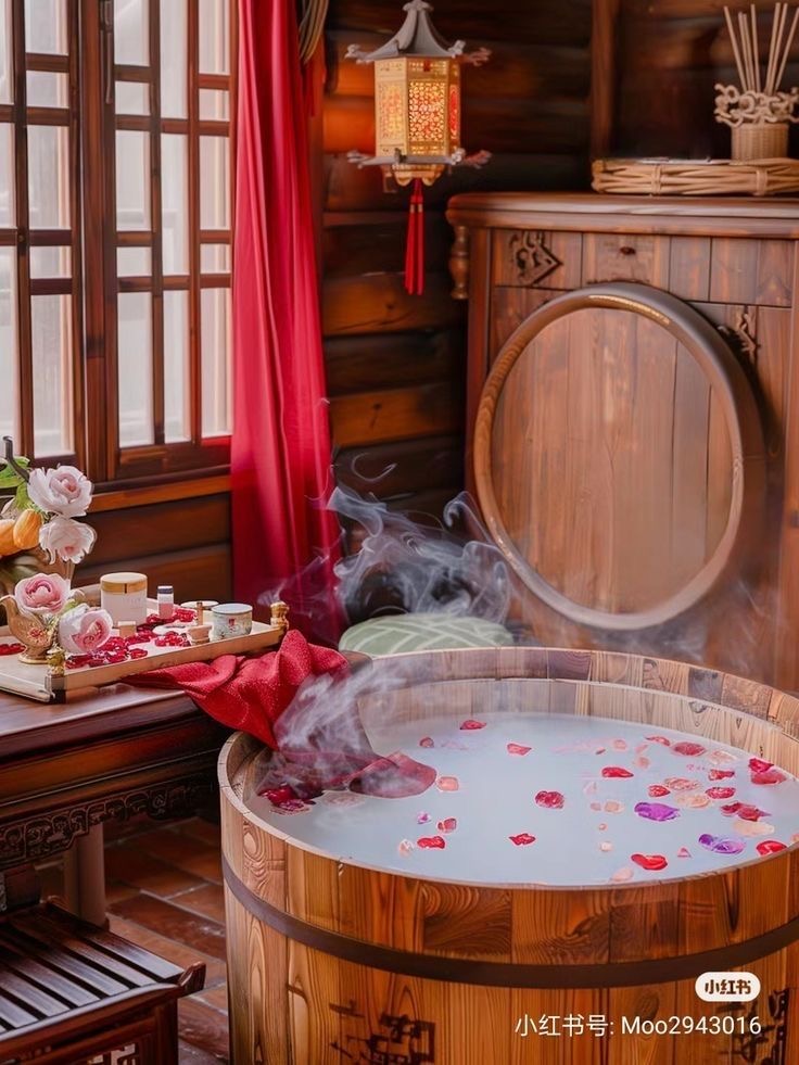 Wooden bath scattered with rose petals
