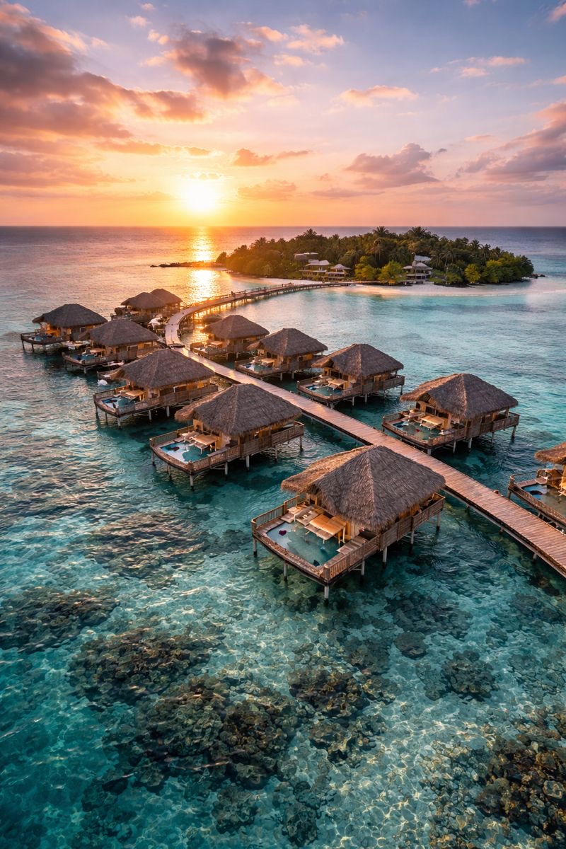 Soneva Jani overwater villas at sunset